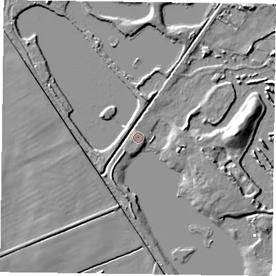 Shaded relief map of the ground around DN76BF, computed from Environment Agency LiDAR. The ground here sits at about 2 m above sea level and falls 9 m across the surrounding 800 m. The ground contributing surface water to this point lies to the north-north-west.