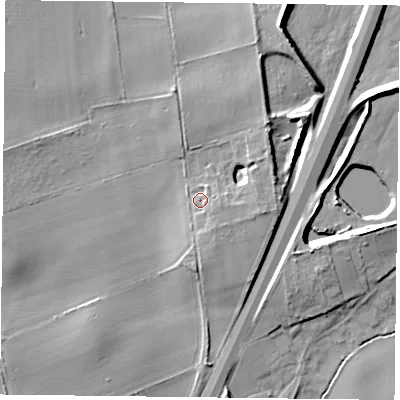 Shaded relief map of the ground around DN76BG, computed from Environment Agency LiDAR. The ground here sits at about 7 m above sea level and falls 11 m across the surrounding 800 m. Surface water reaching this point runs off ground lying to the south-east, 2.8 m higher.