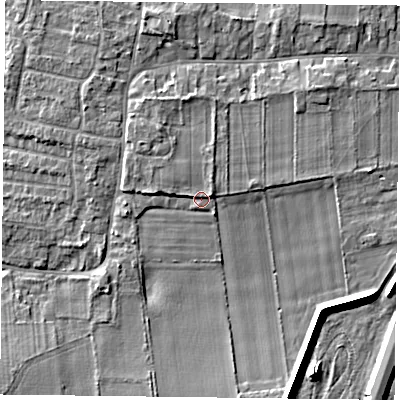 Shaded relief map of the ground around DN76BH, computed from Environment Agency LiDAR. The ground here sits at about 6 m above sea level and falls 7 m across the surrounding 800 m. Surface water reaching this point runs off ground lying to the north-north-west, 2.2 m higher.