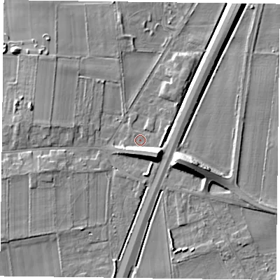 Shaded relief map of the ground around DN76BS, computed from Environment Agency LiDAR. The ground here sits at about 5 m above sea level and falls 10 m across the surrounding 800 m. Surface water reaching this point runs off ground lying to the south-east, 7.9 m higher.