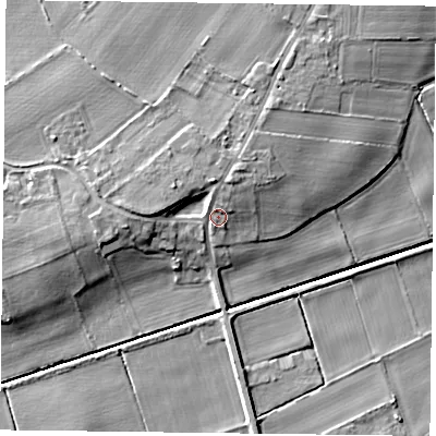 Shaded relief map of the ground around DN76BT, computed from Environment Agency LiDAR. The ground here sits at about 6 m above sea level and falls 8 m across the surrounding 800 m. Surface water reaching this point runs off ground lying to the north, 3.2 m higher.
