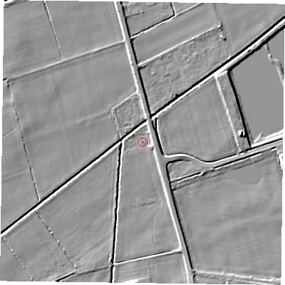 Shaded relief map of the ground around DN76BU, computed from Environment Agency LiDAR. The ground here sits at about 2 m above sea level and falls 6 m across the surrounding 800 m. Surface water reaching this point runs off ground lying to the south-east, 2.0 m higher.