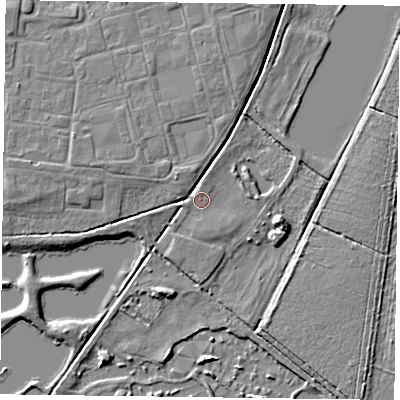 Shaded relief map of the ground around DN76DP, computed from Environment Agency LiDAR. The ground here sits at about 3 m above sea level and falls 6 m across the surrounding 800 m. Surface water reaching this point runs off ground lying to the north-west, 3.4 m higher.