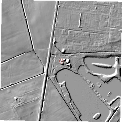 Shaded relief map of the ground around DN76DR, computed from Environment Agency LiDAR. The ground here sits at about 2 m above sea level and falls 8 m across the surrounding 800 m. Surface water reaching this point runs off ground lying to the east-north-east, 3.9 m higher.