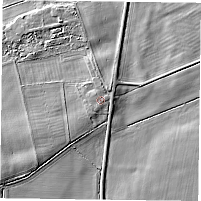 Shaded relief map of the ground around DN76DS, computed from Environment Agency LiDAR. The ground here sits at about 4 m above sea level and falls 6 m across the surrounding 800 m. Surface water reaching this point runs off ground lying to the west-south-west, 1.2 m higher.