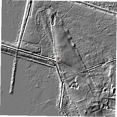 Shaded relief map of the ground around DN76DT, computed from Environment Agency LiDAR. The ground here sits at about 4 m above sea level and falls 5 m across the surrounding 800 m. Surface water reaching this point runs off ground lying to the east-north-east, 1.8 m higher.