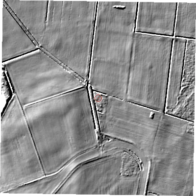 Shaded relief map of the ground around DN76DU, computed from Environment Agency LiDAR. The ground here sits at about 2 m above sea level and falls 5 m across the surrounding 800 m. Surface water reaching this point runs off ground lying to the west-north-west, 1.4 m higher.