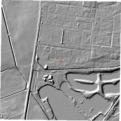 Shaded relief map of the ground around DN76DW, computed from Environment Agency LiDAR. The ground here sits at about 3 m above sea level and falls 8 m across the surrounding 800 m. Surface water reaching this point runs off ground lying to the west, 2.4 m higher.