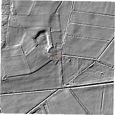 Shaded relief map of the ground around DN76DX, computed from Environment Agency LiDAR. The ground here sits at about 4 m above sea level and falls 7 m across the surrounding 800 m. Surface water reaching this point runs off ground lying to the west, 1.9 m higher.