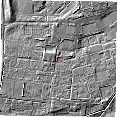 Shaded relief map of the ground around DN76EE, computed from Environment Agency LiDAR. The ground here sits at about 4 m above sea level and falls 6 m across the surrounding 800 m. Surface water reaching this point runs off ground lying to the west-north-west, 1.6 m higher.