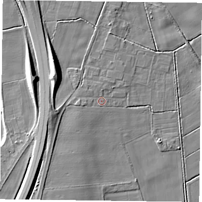 Shaded relief map of the ground around DN76EH, computed from Environment Agency LiDAR. The ground here sits at about 4 m above sea level and falls 13 m across the surrounding 800 m. Surface water reaching this point runs off ground lying to the west, 1.8 m higher.