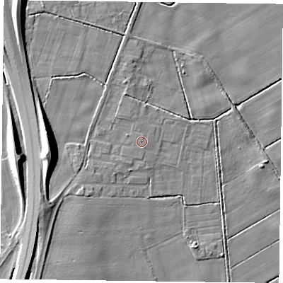 Shaded relief map of the ground around DN76EL, computed from Environment Agency LiDAR. The ground here sits at about 3 m above sea level and falls 13 m across the surrounding 800 m. The ground contributing surface water to this point lies to the south-south-west.