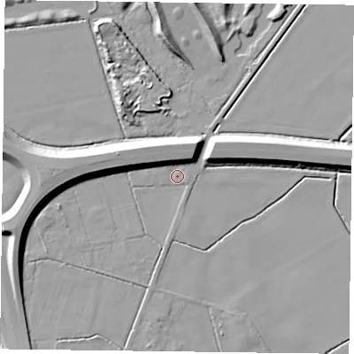 Shaded relief map of the ground around DN76EN, computed from Environment Agency LiDAR. The ground here sits at about 3 m above sea level and falls 12 m across the surrounding 800 m. Surface water reaching this point runs off ground lying to the west, 10.1 m higher.