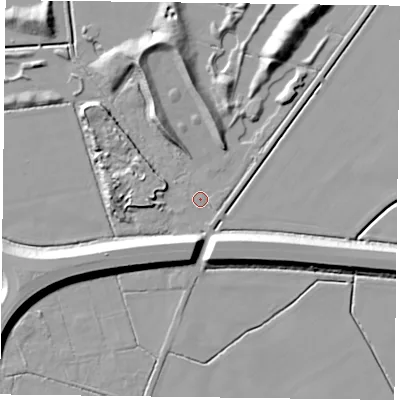 Shaded relief map of the ground around DN76EP, computed from Environment Agency LiDAR. The ground here sits at about 2 m above sea level and falls 12 m across the surrounding 800 m. Surface water reaching this point runs off ground lying to the east, 0.9 m higher.