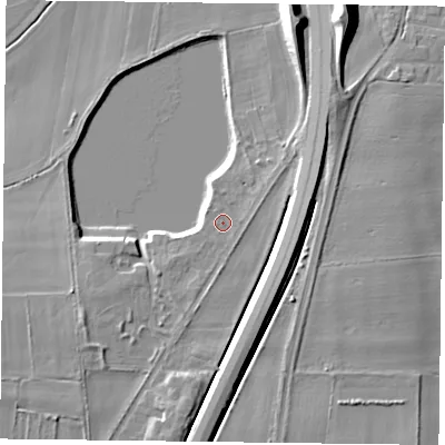 Shaded relief map of the ground around DN76EQ, computed from Environment Agency LiDAR. The ground here sits at about 5 m above sea level and falls 12 m across the surrounding 800 m. Surface water reaching this point runs off ground lying to the south, 1.2 m higher.