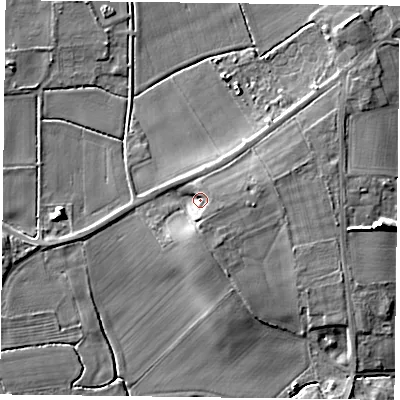 Shaded relief map of the ground around DN76EU, computed from Environment Agency LiDAR. The ground here sits at about 5 m above sea level and falls 9 m across the surrounding 800 m. Surface water reaching this point runs off ground lying to the south-east, 2.9 m higher.