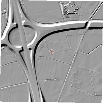 Shaded relief map of the ground around DN76EW, computed from Environment Agency LiDAR. The ground here sits at about 3 m above sea level and falls 12 m across the surrounding 800 m. Surface water reaching this point runs off ground lying to the north-west, 1.8 m higher.