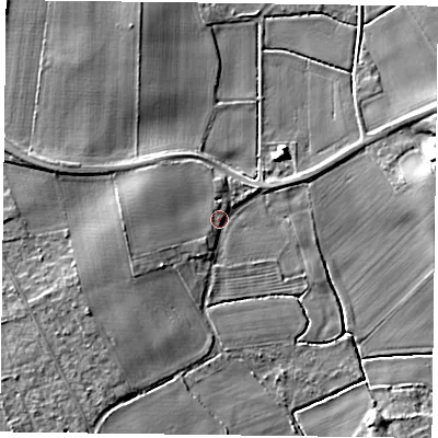 Shaded relief map of the ground around DN76EX, computed from Environment Agency LiDAR. The ground here sits at about 4 m above sea level and falls 6 m across the surrounding 800 m. Surface water reaching this point runs off ground lying to the south-south-west, 2.4 m higher.
