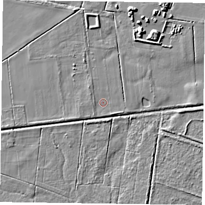 Shaded relief map of the ground around DN76EZ, computed from Environment Agency LiDAR. The ground here sits at about 2 m above sea level and falls 7 m across the surrounding 800 m. Surface water reaching this point runs off ground lying to the west-north-west, 1.1 m higher.