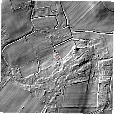 Shaded relief map of the ground around DN76GB, computed from Environment Agency LiDAR. The ground here sits at about 4 m above sea level and falls 6 m across the surrounding 800 m. Surface water reaching this point runs off ground lying to the south, 2.7 m higher.