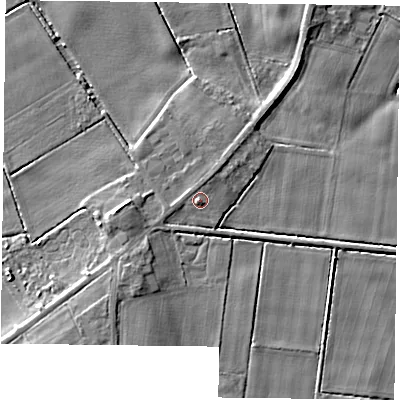 Shaded relief map of the ground around DN76HE, computed from Environment Agency LiDAR. The ground here sits at about 4 m above sea level and falls 6 m across the surrounding 800 m. Surface water reaching this point runs off ground lying to the south-west, 0.9 m higher.