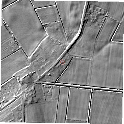 Shaded relief map of the ground around DN76HF, computed from Environment Agency LiDAR. The ground here sits at about 4 m above sea level and falls 6 m across the surrounding 800 m. Surface water reaching this point runs off ground lying to the west, 0.8 m higher.