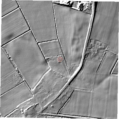 Shaded relief map of the ground around DN76HG, computed from Environment Agency LiDAR. The ground here sits at about 2 m above sea level and falls 10 m across the surrounding 800 m. Surface water reaching this point runs off ground lying to the north-north-east, 6.2 m higher.