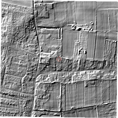 Shaded relief map of the ground around DN76HN, computed from Environment Agency LiDAR. The ground here sits at about 7 m above sea level and falls 4 m across the surrounding 800 m. Surface water reaching this point runs off ground lying to the west-north-west, 0.6 m higher.
