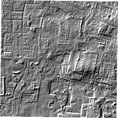 Shaded relief map of the ground around DN76HP, computed from Environment Agency LiDAR. The ground here sits at about 2 m above sea level and falls 5 m across the surrounding 800 m. Surface water reaching this point runs off ground lying to the east-south-east, 4.7 m higher.