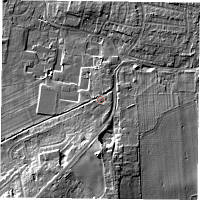 Shaded relief map of the ground around DN76HT, computed from Environment Agency LiDAR. The ground here sits at about 6 m above sea level and falls 12 m across the surrounding 800 m. Surface water reaching this point runs off ground lying to the south-south-east, 1.5 m higher.