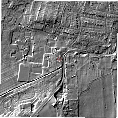 Shaded relief map of the ground around DN76HU, computed from Environment Agency LiDAR. The ground here sits at about 5 m above sea level and falls 11 m across the surrounding 800 m. Surface water reaching this point runs off ground lying to the south, 1.2 m higher.
