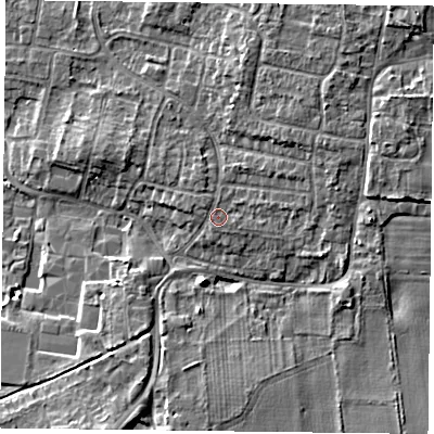 Shaded relief map of the ground around DN76HX, computed from Environment Agency LiDAR. The ground here sits at about 5 m above sea level and falls 7 m across the surrounding 800 m. Surface water reaching this point runs off ground lying to the north-west, 0.8 m higher.