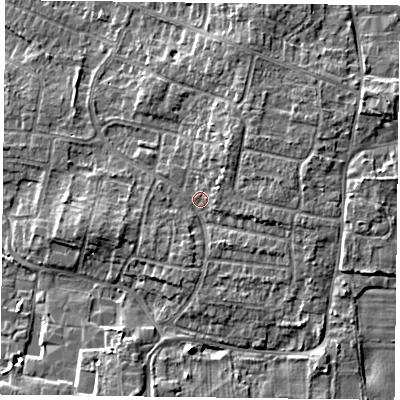 Shaded relief map of the ground around DN76HY, computed from Environment Agency LiDAR. The ground here sits at about 4 m above sea level and falls 7 m across the surrounding 800 m. Surface water reaching this point runs off ground lying to the north-east, 3.4 m higher.