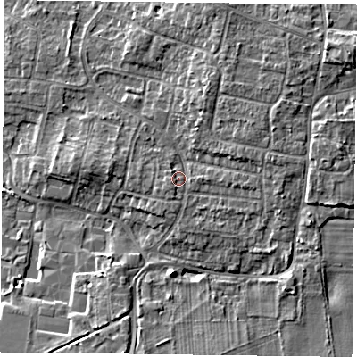 Shaded relief map of the ground around DN76HZ, computed from Environment Agency LiDAR. The ground here sits at about 5 m above sea level and falls 7 m across the surrounding 800 m. Surface water reaching this point runs off ground lying to the east, 2.5 m higher.