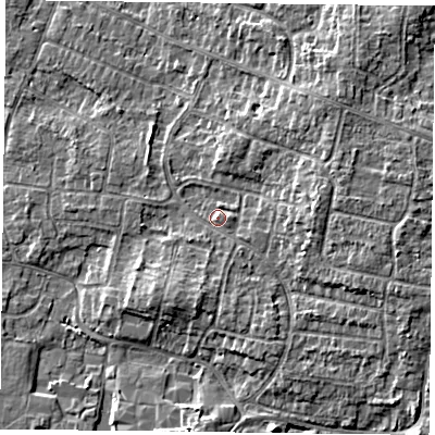 Shaded relief map of the ground around DN76JA, computed from Environment Agency LiDAR. The ground here sits at about 5 m above sea level and falls 6 m across the surrounding 800 m. Surface water reaching this point runs off ground lying to the south-south-west, 1.8 m higher.