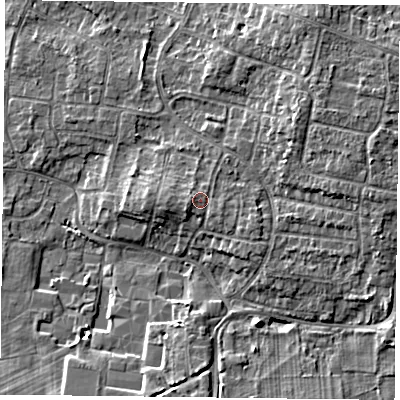 Shaded relief map of the ground around DN76JB, computed from Environment Agency LiDAR. The ground here sits at about 5 m above sea level and falls 6 m across the surrounding 800 m. Surface water reaching this point runs off ground lying to the west-north-west, 1.0 m higher.