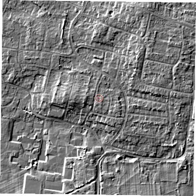 Shaded relief map of the ground around DN76JD, computed from Environment Agency LiDAR. The ground here sits at about 5 m above sea level and falls 6 m across the surrounding 800 m. Surface water reaching this point runs off ground lying to the west, 1.0 m higher.