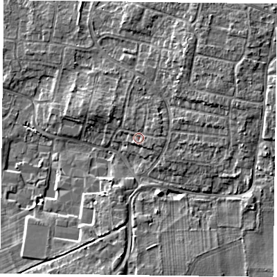 Shaded relief map of the ground around DN76JE, computed from Environment Agency LiDAR. The ground here sits at about 5 m above sea level and falls 6 m across the surrounding 800 m. Surface water reaching this point runs off ground lying to the east-north-east, 0.9 m higher.