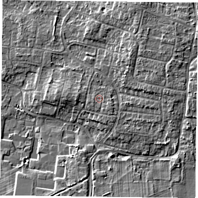 Shaded relief map of the ground around DN76JF, computed from Environment Agency LiDAR. The ground here sits at about 5 m above sea level and falls 7 m across the surrounding 800 m. Surface water reaching this point runs off ground lying to the west-south-west, 0.8 m higher.