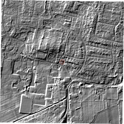 Shaded relief map of the ground around DN76JG, computed from Environment Agency LiDAR. The ground here sits at about 3 m above sea level and falls 6 m across the surrounding 800 m. Surface water reaching this point runs off ground lying to the south, 5.3 m higher.