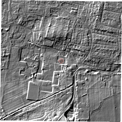 Shaded relief map of the ground around DN76JH, computed from Environment Agency LiDAR. The ground here sits at about 3 m above sea level and falls 9 m across the surrounding 800 m. Surface water reaching this point runs off ground lying to the north, 3.6 m higher.