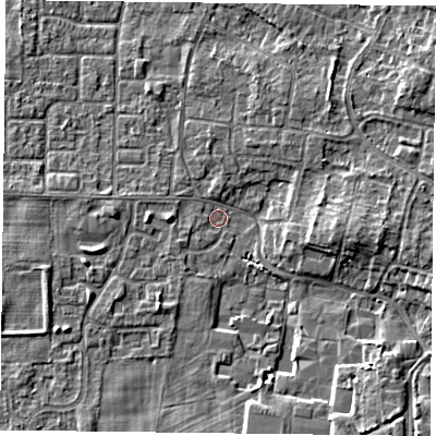 Shaded relief map of the ground around DN76JJ, computed from Environment Agency LiDAR. The ground here sits at about 2 m above sea level and falls 5 m across the surrounding 800 m. Surface water reaching this point runs off ground lying to the south-east, 4.9 m higher.