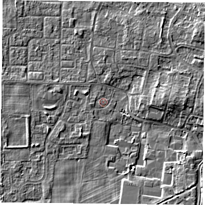 Shaded relief map of the ground around DN76JL, computed from Environment Agency LiDAR. The ground here sits at about 3 m above sea level and falls 5 m across the surrounding 800 m. Surface water reaching this point runs off ground lying to the west, 1.1 m higher.