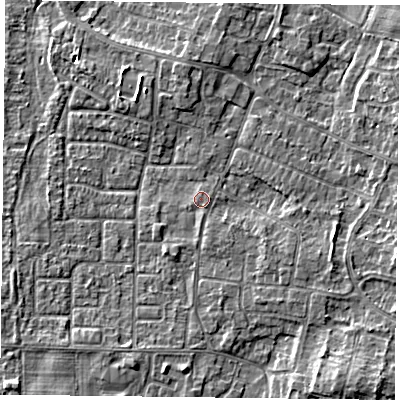 Shaded relief map of the ground around DN76JP, computed from Environment Agency LiDAR. The ground here sits at about 3 m above sea level and falls 5 m across the surrounding 800 m. Surface water reaching this point runs off ground lying to the south, 0.7 m higher.