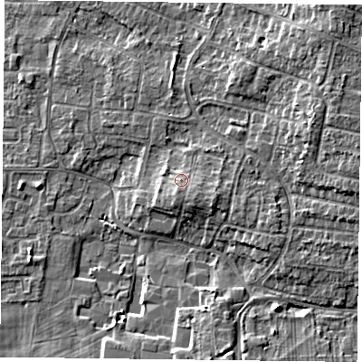 Shaded relief map of the ground around DN76JQ, computed from Environment Agency LiDAR. The ground here sits at about 5 m above sea level and falls 6 m across the surrounding 800 m. Surface water reaching this point runs off ground lying to the south-east, 1.3 m higher.
