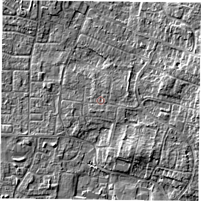 Shaded relief map of the ground around DN76JR, computed from Environment Agency LiDAR. The ground here sits at about 3 m above sea level and falls 5 m across the surrounding 800 m. Surface water reaching this point runs off ground lying to the east-north-east, 1.1 m higher.