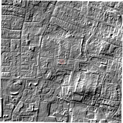 Shaded relief map of the ground around DN76JT, computed from Environment Agency LiDAR. The ground here sits at about 4 m above sea level and falls 5 m across the surrounding 800 m. Surface water reaching this point runs off ground lying to the east-north-east, 1.2 m higher.