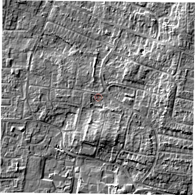 Shaded relief map of the ground around DN76JY, computed from Environment Agency LiDAR. The ground here sits at about 4 m above sea level and falls 6 m across the surrounding 800 m. Surface water reaching this point runs off ground lying to the east-north-east, 4.0 m higher.
