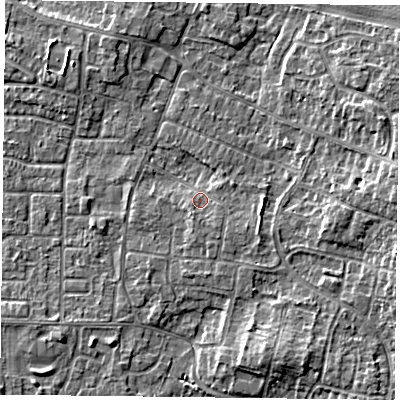 Shaded relief map of the ground around DN76LA, computed from Environment Agency LiDAR. The ground here sits at about 3 m above sea level and falls 5 m across the surrounding 800 m. Surface water reaching this point runs off ground lying to the south-south-east, 1.4 m higher.
