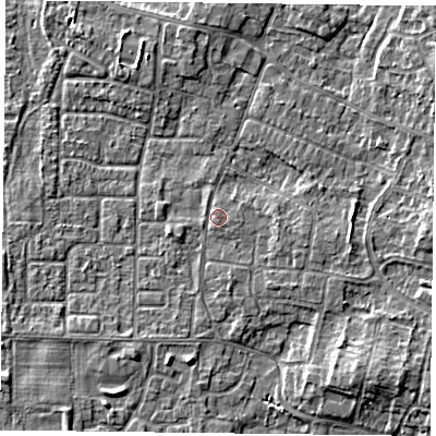 Shaded relief map of the ground around DN76LB, computed from Environment Agency LiDAR. The ground here sits at about 3 m above sea level and falls 5 m across the surrounding 800 m. The ground contributing surface water to this point lies to the south.